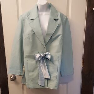 NWOT, Roaman's Light Blue Women's Leather Blazer with Bow